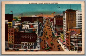 Postcard Winnipeg MB 1950 Portage Avenue Flags Trolley Cars Shops CDS Machine