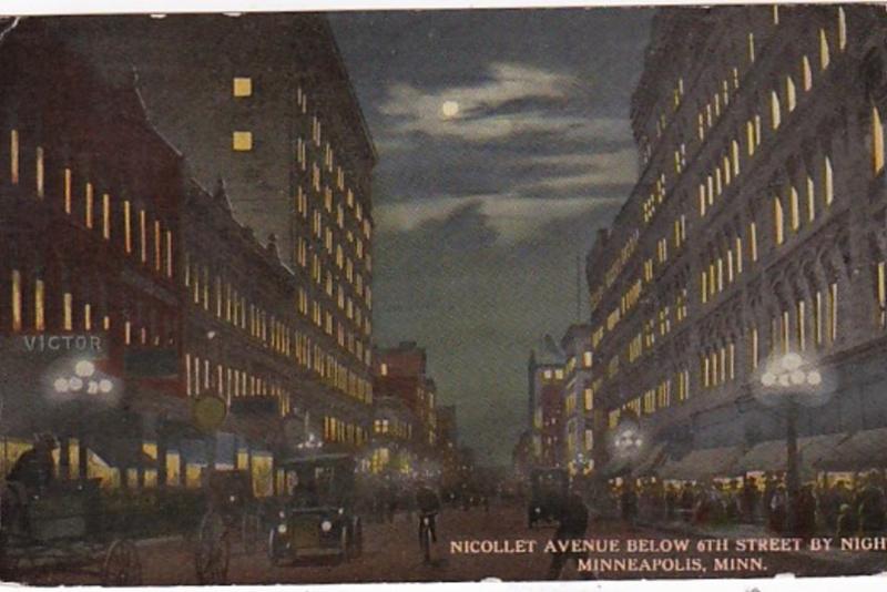 Minnesota Minneapolis Nicollet Avenue Below 6th Street By Night 1912