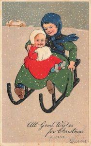 Christmas All Good Wishes Girls on a Sled Snow PFB Embossed Postcard