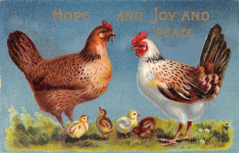 Pair Of Easter Greetings Roosters With Baby Chicks Glourious Antique PCs K28924 