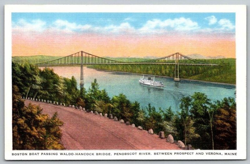 Boston Boat Passing Waldo-Hancock Bridge, Penobscot Verona Maine Postcard