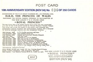 Royal Princess Diana New Luxury Cruise Liner Ship Limited 250 Postcard