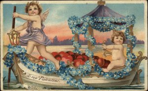 Valentine Cupids in Gondola Boat Decorated Hearts & Flowers c1910 Postcard