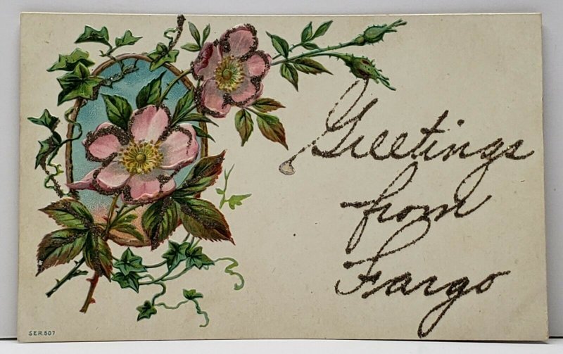 Fargo North Greetings Embossed Glitter Decorated 1908 to Douglas Postcard F18