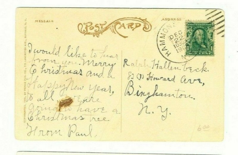 New Year's Prince Pub Co Buffalo NY Postcard 1908 US Mail Lamp Post
