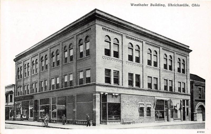 B17/ Uhrichsville Ohio Postcard c1930s Westhafer Building Store People 