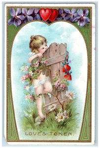 1912 Valentine Cupid Angel Loves Token Heart Flowers Embossed Tuck's Postcard