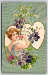 Valentine~Lovely Girl Holds Pink Rose~Two Hearts~Violets~c1910 Vintage Postcard