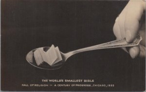 RPPC Postcard World's Smallest Bible Hall of Religion Chicago World's Fair 1933