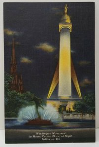 Washington Monument Mount Vernon Place Baltimore at Night Linen Era Postcard B20