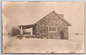 RPPC AE Thompson's Back Against Stone Constructed Bungalow~Chimney~Porch~Snow PC