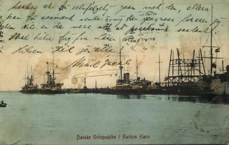 denmark, AARHUS ÅRHUS, Danske Orlogsskibe i Havn, Danish War Ships 1909 Postcard