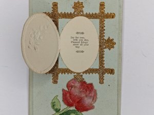 c1910s Embossed Door Fold Open Good Wishes Poem Card Postcard Rose Gilt A79