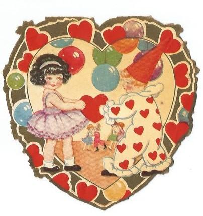 2 Die Cut Heart Shaped Valentine's Day Cards Kids at Party/Clown & Boy with Dog