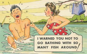 Curt Teich I Warned You Not To Go Bathing W/So Many Fish Around Linen Postcard