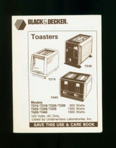 Black & Decker Toasters Use & Care Book Vintage ©1990