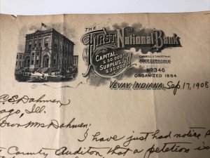 1908 THE FIRST NATIONAL BANK Vevay IN HWY Construction IN Creek Letterhead RARE