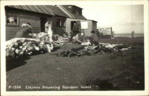 Alaska Aleutians Eskimos Prepare Reindeer Hides P-1374 Real Photo Postcard