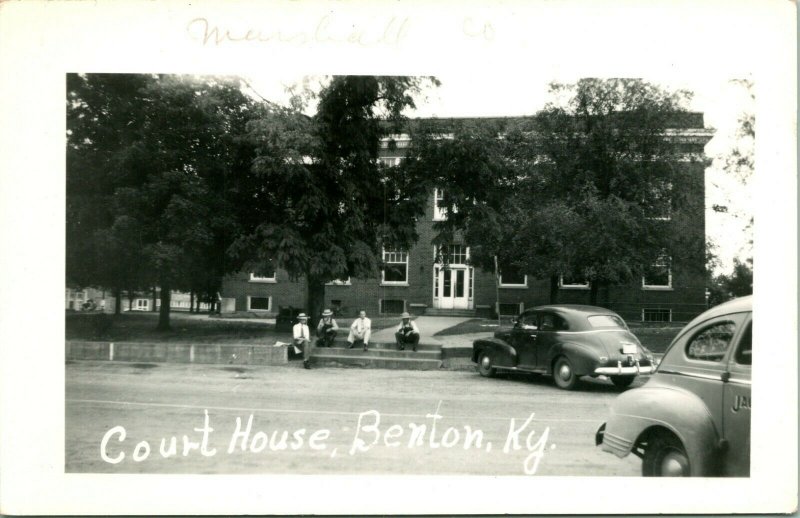 Postcard RPPC 1940s Benton Kentucky KY Marshall County Courthouse Street Cars