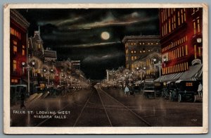Postcard Niagara Falls New York c1920 Falls St Looking West At Night Old Cars