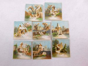 Lot of 8 Victorian Miniature Christmas Scenes Churches Snow Nice Images CD28