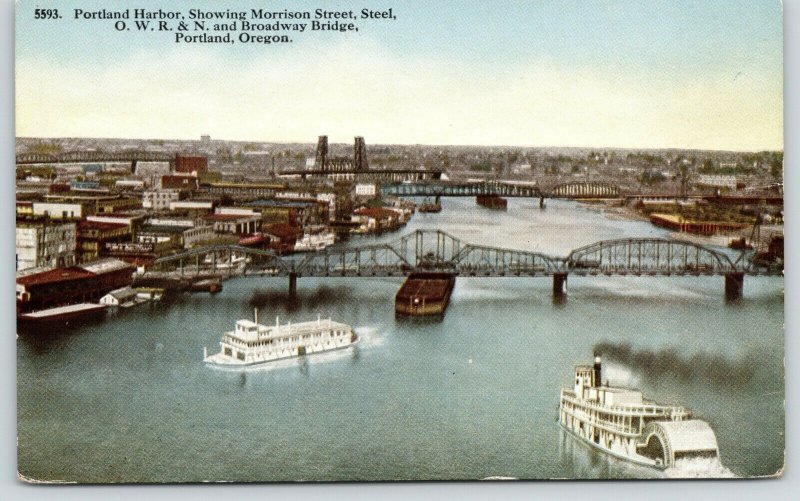 Portland~OWR&N~Oregon-Washington Railroad & Navigation Bridge & Steamers~c1910 