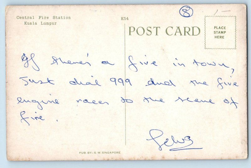 Malaysia Postcard Central Fire Station Kuala Lumpur Pusat Balai Bomba c1950's