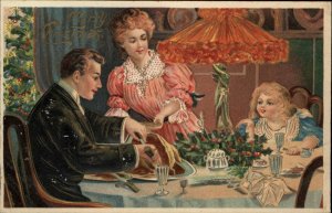 Antique CHRISTMAS PC Dinner Father Cuts Roast TRADITIONAL FAMILY ROLES Postcard