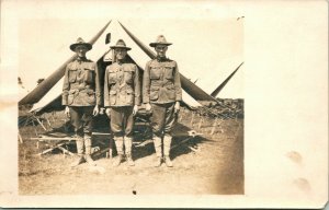 Vtg Postcard RPPC Cyko - 3 WWI Era Soldiers Full Uniform at Attention by Tent UP