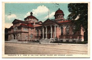 1926 View of First Baptist Church and Carnegie Library, Charlotte, NC Postcard