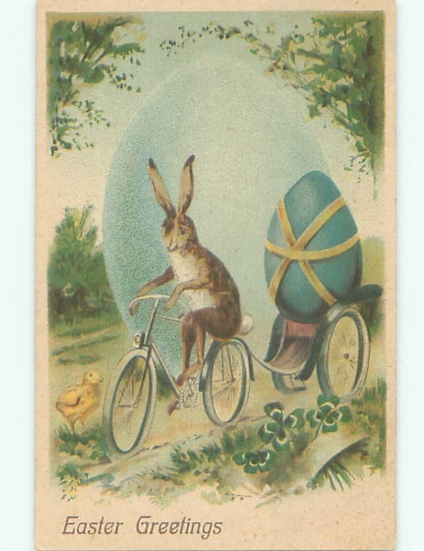 Pre-Linen easter HUMANIZED BUNNY RABBIT RIDING BICYCLE W7093