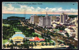 Florida MIAMI Unique Aerial Looking South on Biscayne Boulevard pm1951 LINEN