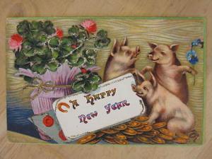 New Year - Pigs Coins Clovers - Glitter c1910 Postcard