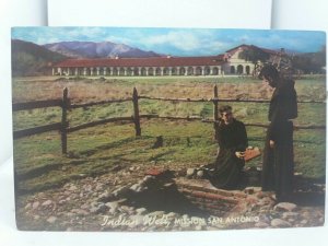 Vintage Postcard Monks Examine Ancient Indian Well at Mission San Antonio Jolon