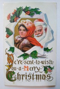 Christmas Santa Claus Postcard Embossed Holly Leaves Unused Vintage Antique