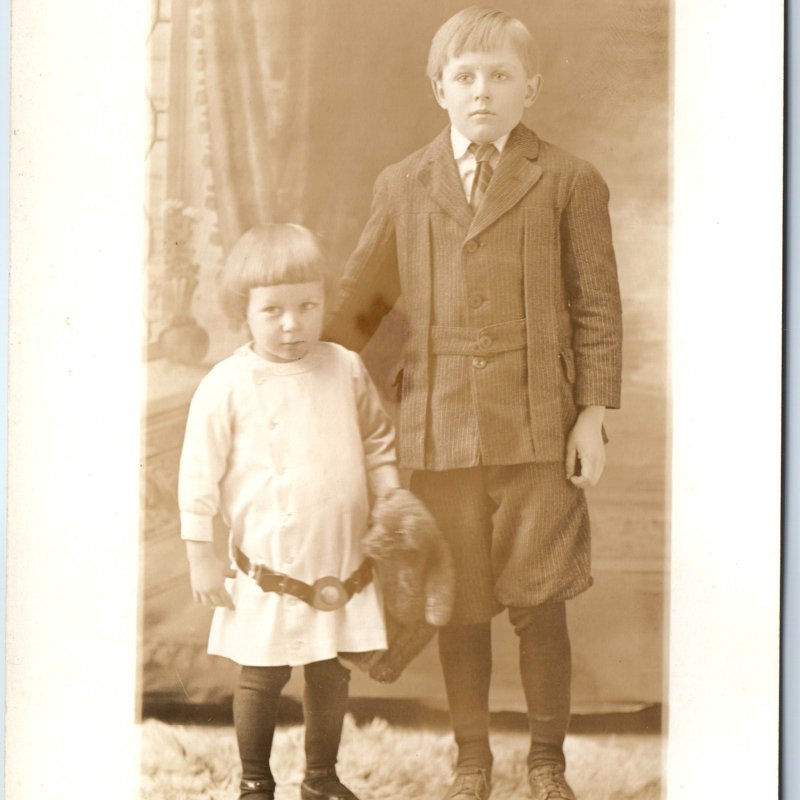 c1910s Cute Children Portrait RPPC Girl Teddy Bear Knickerbocker Real Photo A260