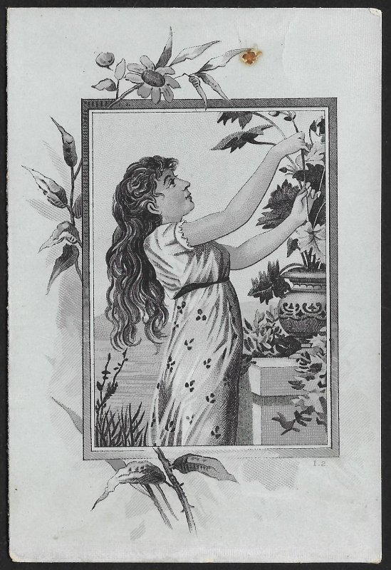 VICTORIAN TRADE CARD Candle Rubber Shoe Co Lady With Long Hair Flowers & Vase