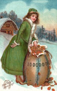 Vintage Postcard New Year's Greetings And All Good Wishes Girl Snow Holiday