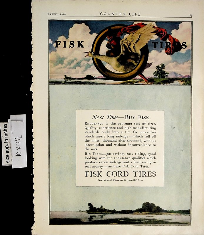 1919 Fisk Tires Maxfield Parrish Goose Large Vintage Print Ad 6152