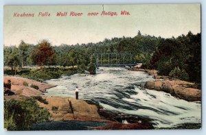 c1908 Antigo Wisconsin Vintage Postcard Keshena Falls Wolf River Bridge Posted
