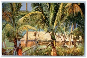 c1910 Two People Near Trees Native House at Fiji Oilette Tuck Art Postcard