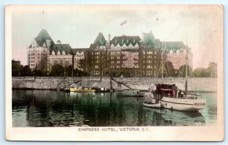 VTG RPPC Real Photo Canada Victoria BC Color Tint View Empress Hotel Boats A2