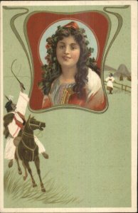 Art Nouveau Beautiful Woman Farm Maiden Man on Horse c1900 Postcard