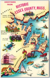 c1950s Essex County, Mass. Greetings Art Map Lusterchrome Tichnor Curman PC A204