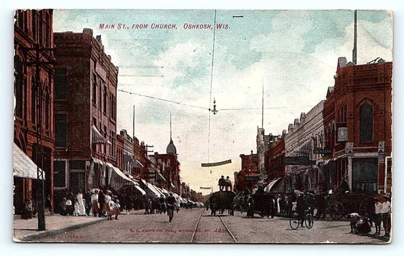 OSHKOSH, WI Wisconsin ~ MAIN STREET SCENE 1910 Winnebago County Postcard