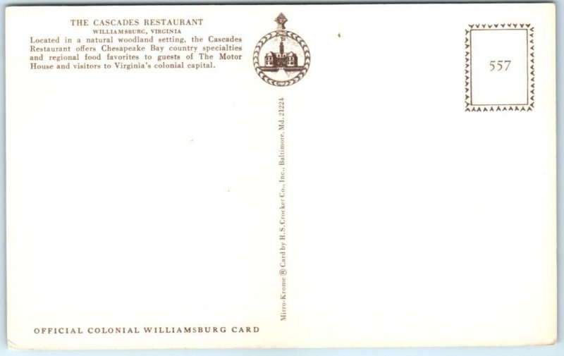 Postcard - The Cascades Restaurant - Williamsburg, Virginia