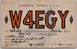 1936 QSL Radio Card Longwood Florida W4EGY C.L. Bill Hyatt Posted Postcard