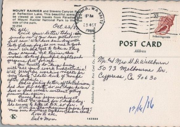 Mount Rainier Washington & Stephens Canyon Continental Postcard 1986