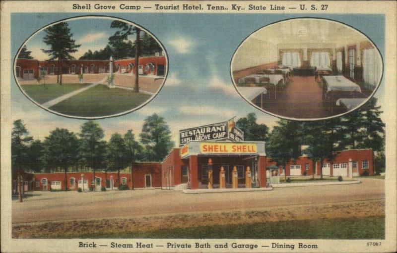 Tennessee Kentucky State Line Shell Grove Camp Gas Station Linen Postcard