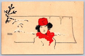 DS1/ Raphael Kirchner Art Nouveau Artist Signed Postcard c1905 Woman Snow15